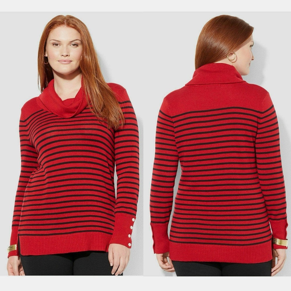 Lauren Ralph Lauren Sz 3X Red Black Striped Wool‎ Blend Cowl Neck Tunic Sweater